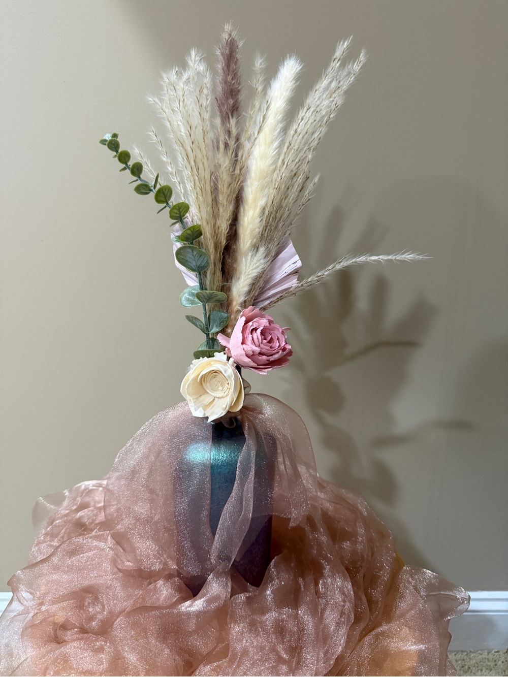 Color shifting vase Dusty Pink and Cream Wood & Dried Floral Arrangement
